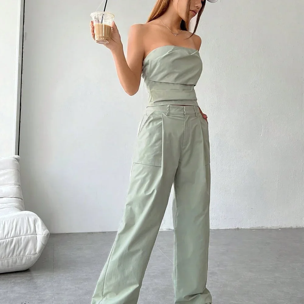 Grey Casual womens Solid Tube Top & Pants - Picture 5 of 5